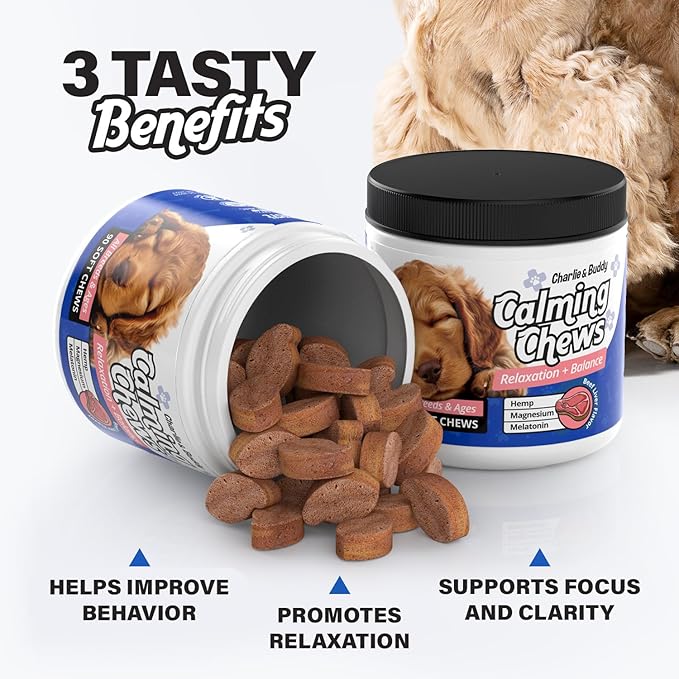 Charlie & Buddy Calming Chews for Dogs, Dog Anxiety Relief, Promote Relaxation, Dog Calming Chews with Melatonin for Dogs, Chamomile, Magnesium Citrate, 90 Soft Chews, Beef Liver Flavor