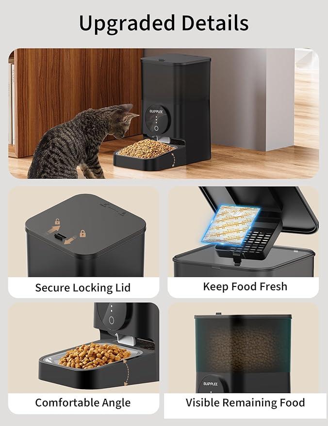 Automatic Dog Feeder, 4L Large Capacity Dry Food Pet Feeder 1-10 Meals Timed Dog Food Feeder Cat Food Dispenser, Stainless Steel Food Bowl/Dual Power/Anti-Blockage Auto Feeder Indoor Outdoor (Black)