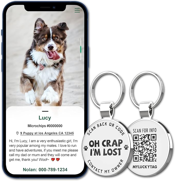 MYLUCKYTAG QR Code Pet ID Tags Dog Tags - Pet Online Profile - Scan QR Receive Instant Pet Location Alert Email