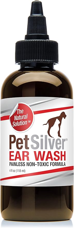 PetSilver Natural Ear Wash Flush with Patented Chelated Silver Formula, Cat and Dog Ear Cleaner and Treatment, Sooth and Clean Itchy and Inflamed Ears, Easy to Use, Made in USA, 4 oz.