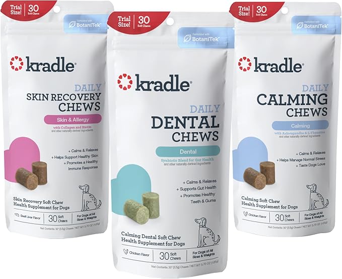 Kradle Soft Chew Variety Pack of 3 - Daily Dental Bones, Skin Health Chews & Stress-Relief Support for Dogs - Calming Chews with Soothing Ingredients - for All Dog Breed & Sizes - 30 Chews, 3 Pack