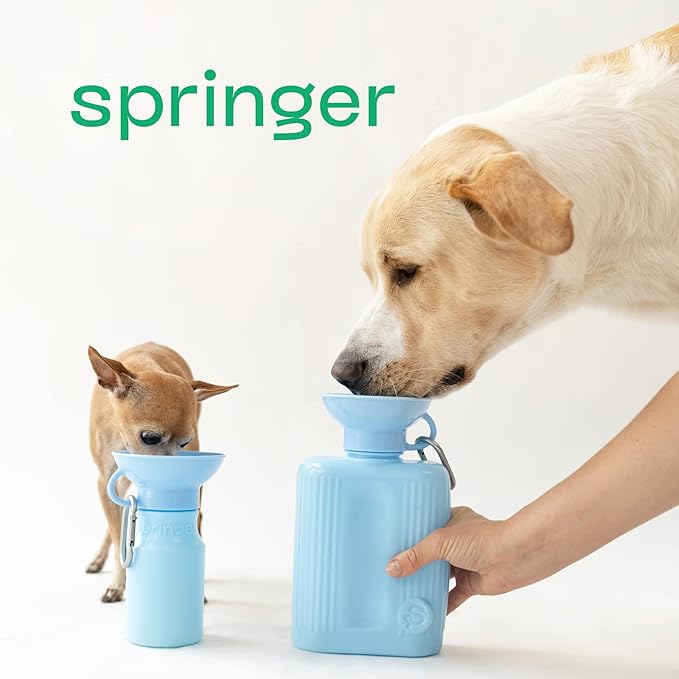 Springer Dog Water Bottle | Portable Travel Water Bottle Dispenser for Dogs - As Seen on Shark Tank | Patented, Leak-Proof Bottles Fill Bowl with Water - Ideal for Walking | BPA-Free 44oz Blue