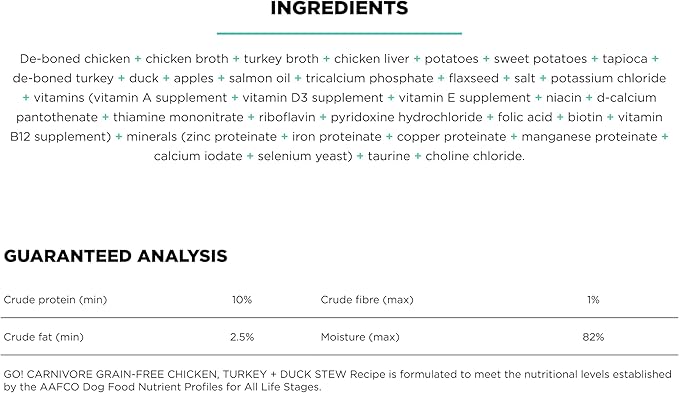 GO! SOLUTIONS Carnivore Protein Rich Wet Dog Food - Grain Free Chicken, Turkey and Duck Stew - Complete & Balanced Nutrition for All Life Stages, 12.5 oz