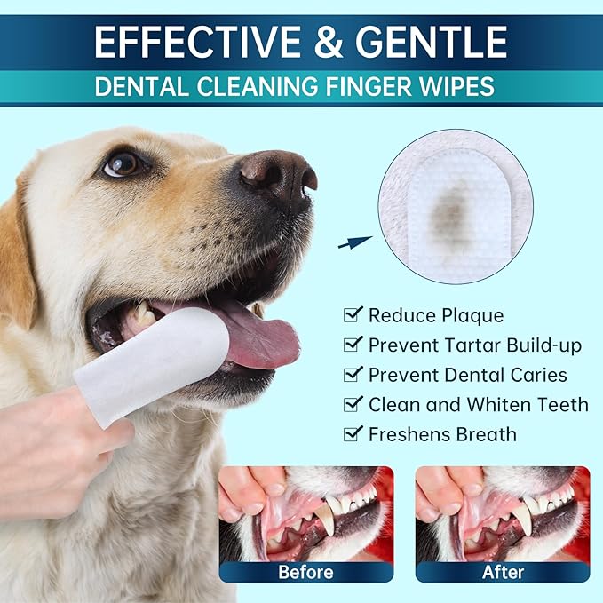 Teeth Cleaning Wipes for Dogs & Cats, 120 Counts Dental Wipes for Reducing Plaque & Tartar for Cats and Dogs, Disposable Gentle Breath Freshener Dental and Gum Care Finger Pet Wipes