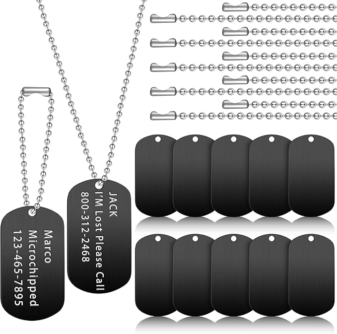 20 Pieces Military Dog Tags Set Including 10 Stainless Steel Army Blank Dog Tag 10 Steel Chain Personalized Pets Tags Oval Pendant Necklace for Stamping Engraving DIY Craft(Black)