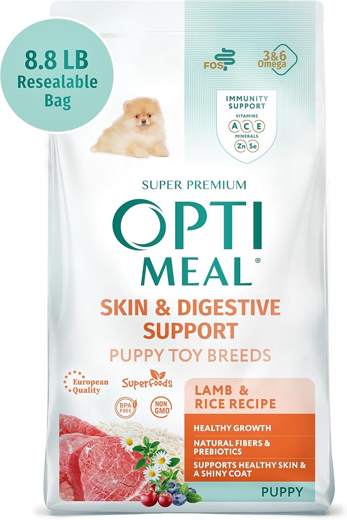 OPtimeal Puppy Dog Food - Proudly Ukrainian - Delicious Puppy Food Dry Recipe with Skin and Digestive Support for Small and Toy Breed Puppies (8.8 Pound (Pack of 1), Lamb & Rice)