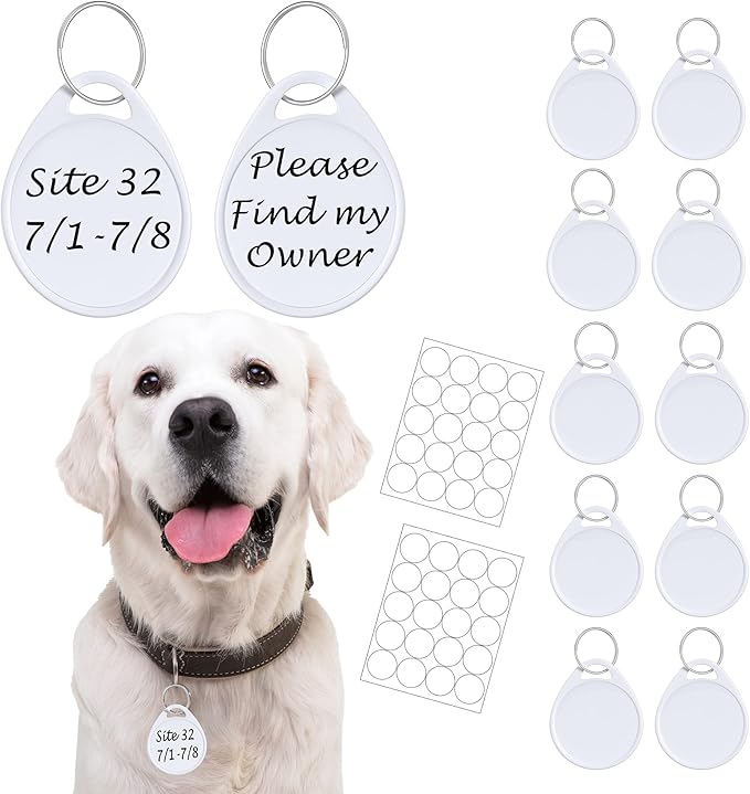 Dog Camping Gear (10pk) Blank Dog ID Tags, Emergency Double Sided Dog Tags with Key Ring, Prevent Lost Dogs During Travel or RV Camping, Camping Dog Accessories, Water-Resistant Pet Tag