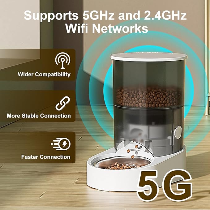Automatic Cat Feeder, 2.4/5GHz WiFi Automatic Dog Feeder Rechargeable Battery-Operated, APP Control Smart 4L Cat Food Dispenser with 1-10 Meals for Cats and Dogs, Dual Power and Support Alexa