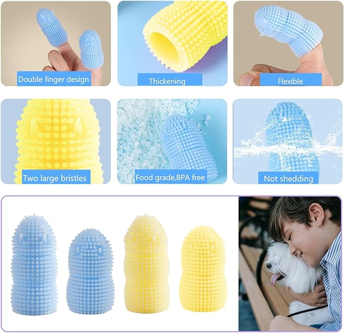 360 Round Dog Finger Toothbrush, Silicone Soft Bristle Dog Toothbrush for Teeth Cleaning,4 Pack Dog Tooth Brushing Kit for Small Medium Large Breed,Durable Toothbrush for Pet Dog Dental. (Blue/Yellow)