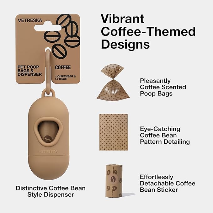 VETRESKA Dog Waste Bag Dispenser with Coffee Scent - Leak Proof, Extra Thick Pet Waste Bags - 1 Bag Holder, 105 Bags (7 Refill Rolls) for Dogs and Cats