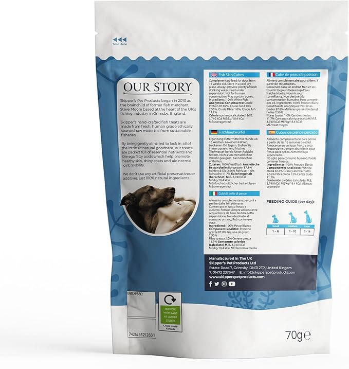 SKIPPER'S Cod Fish Skin Extra Small Jerky Cubes - Gently Air Dried Single Ingredient Cod Skin Dog Treats, Rich in Omega 3 & Grain Free Crunchy Bites, Hypoallergenic | Great for Teeth (2.5 Oz)