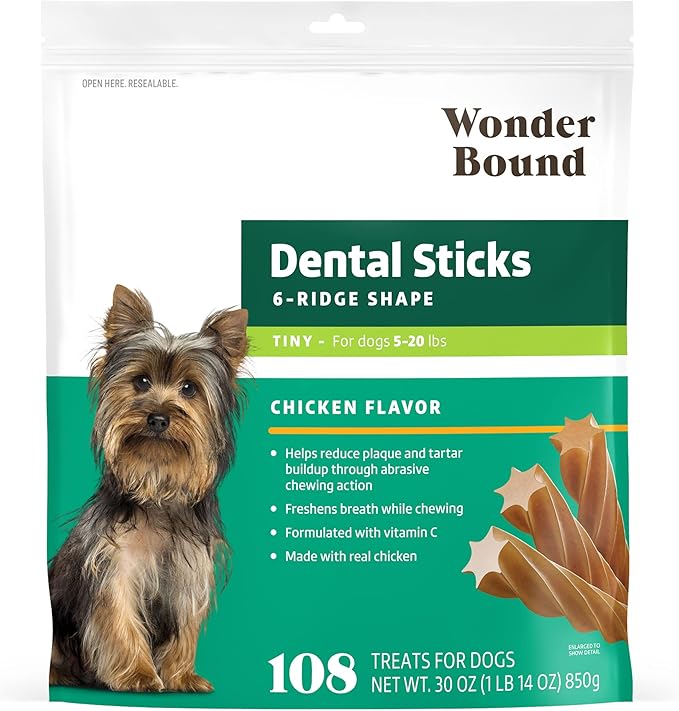 Amazon Brand - Wonder Bound Chicken Flavor Dental Sticks for Tiny Dogs (5-20 lbs), 6-Ridge Shape for Plaque & Tartar Control, Freshens Breath, Made With Real Chicken, 108 Count (Pack of 1)
