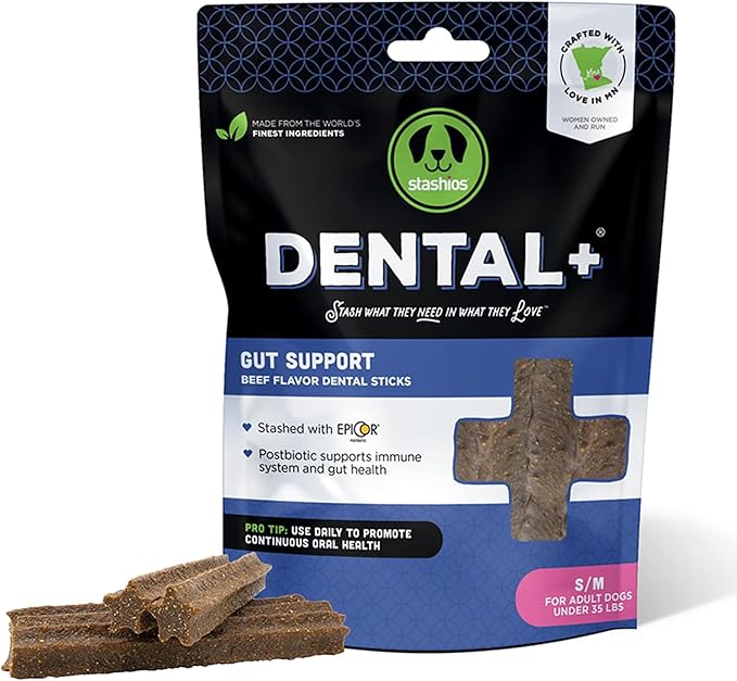 Dental+ Sticks for Dogs Under 35 lbs- Gut Support, with Beef Bone Broth, All Natural, EpiCor postbiotic, Made in The USA, Dental+ Bag, S/M - 7 oz.