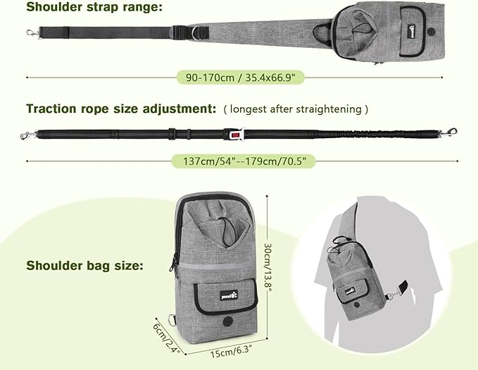 Pecute Hands Free Dog Leash, Multifunctional Crossbody Rope with Bag, Elastic Nylon Double Hands Free Leash with Pouch for Large Dogs, Reflective Shock Absorbing Bungee Walking, Jogging and Running