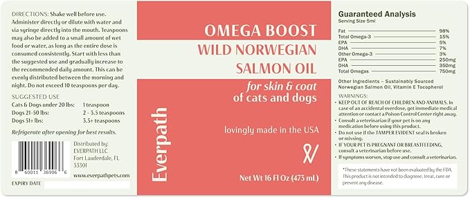 2024 Everpath Upgraded Salmon Oil Omega 3 Boost for Dogs and Cats - 16 Fluid Ounces/473mls | USA Made | Supports Coat, Skin, and Immune System | Norwegian Salmon Oil for Pets | Natural Solution