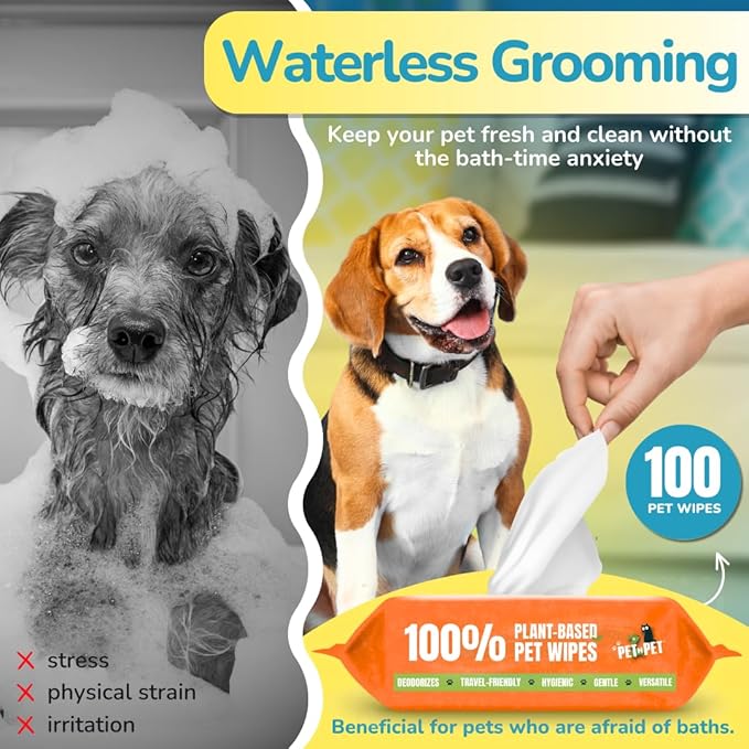 PET N PET 100% Plant Based Dog Wipes for Paws and Butt, 100 Counts Dog Pet Wipes, 8" x 8" Hypoallergenic Unscented Dog Wipes, Cleaning Deodorizing Cat Wipes, Puppy Wipes, Dog Paw Wipes, Dog Face Wipes