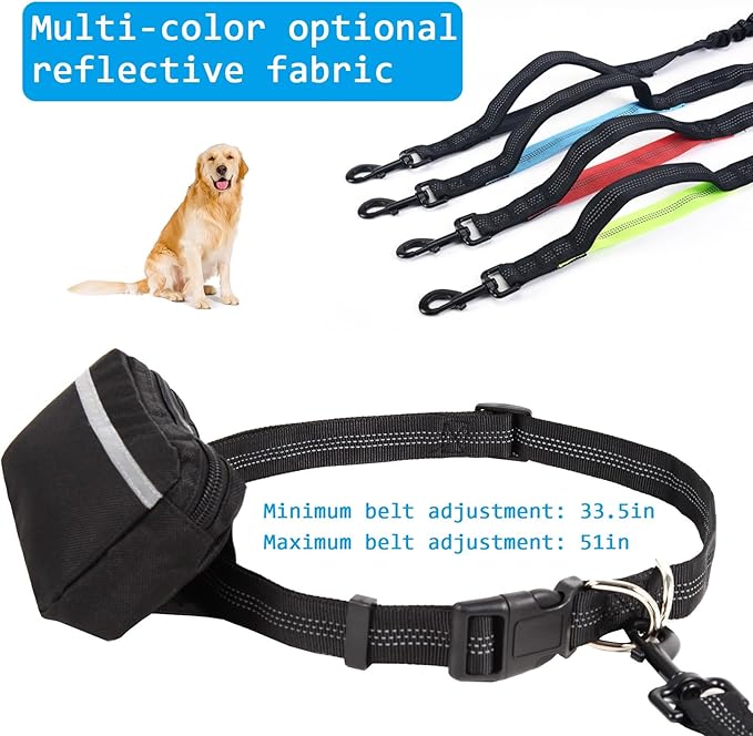 Hands Free Dog Leash with Zipper Pouch, Dual Padded Handles and Durable Bungee for Walking, Jogging and Running Your Dog, Waist Belt Dog Leash, Reflective Running Traction (Blue)