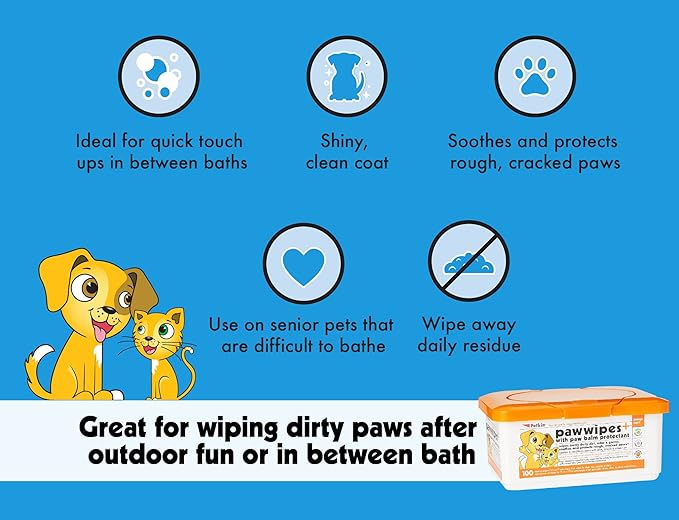 Paw Wipes Plus, 100 Orange Scented Wipes - Absorbent Pet Paw Wipes Remove Daily Dirt & Odors - Enriched with Paw Balm Protectant - Easy to Use Pet Wipes for Dogs, Cats, Puppies & Kittens