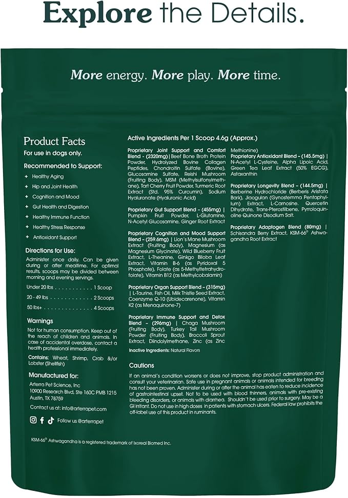 All-in-One Dog Supplement for Wellness and Longevity, 46 Ingredients for Joints, Cognition, Mood, Skin, Gut and Organ Health, Medium Breeds, Vet-Formulated, Made in USA, Adult Formula for 2-7 Years