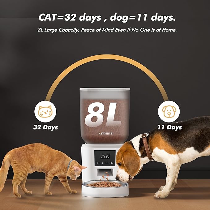 Automatic Dog Feeder - 8L/34 Cups Large Capacity Automatic Cat Food Dispenser with Display LCD Screen,Large Food Tray,Battery Operated,Timed Cat Feeder,Up to 50 Portions 6 Meals Per Day,Keeps Fresh