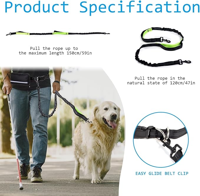 Hands Free Dog Leash with Zipper Pouch, Dual Padded Handles and Durable Bungee for Walking, Jogging and Running Your Dog, Waist Belt Dog Leash, Reflective Running Traction (Blue)