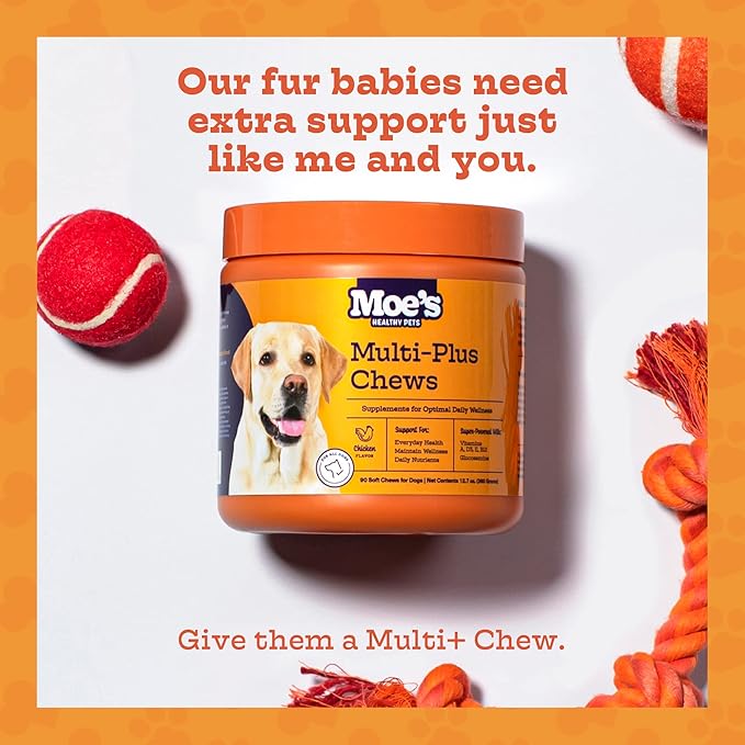 Moe’s 5-in-1 Essential Dog Multivitamin -Supports Dog's Heart, Immunity, Skin, Coat, & Overall Health- Vitamins A, B12, C, D, E, Antioxidants, Omega 3- for All Ages & Breeds- 90 Chicken Flavored Chews