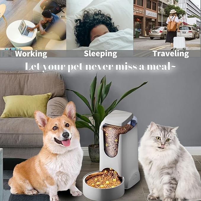 Hamiledyi Gravity Dog Feeder 2.8L Pets Automatic Food Dispenser with Stainless Steel Bowl for Puppy Cat Rabbit Large capacity (Light grey)