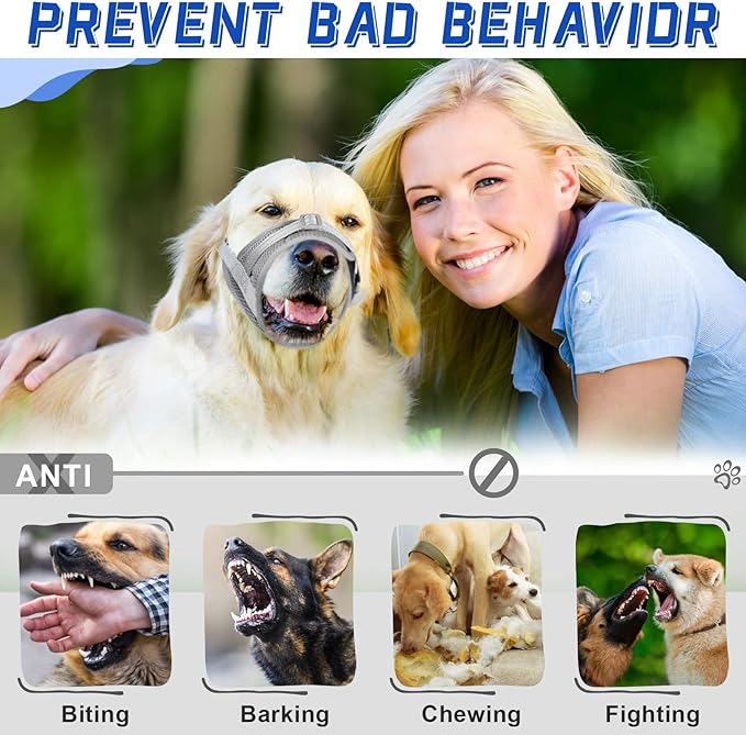Dog Muzzle Soft Air Mesh Muzzle for Large Dogs, Adjustable Pet Muzzle for Small Medium Dogs to Drink Normally, Breathable Reflective Muzzle for Dogs to Prevent Biting Barking(Grey,L-14)