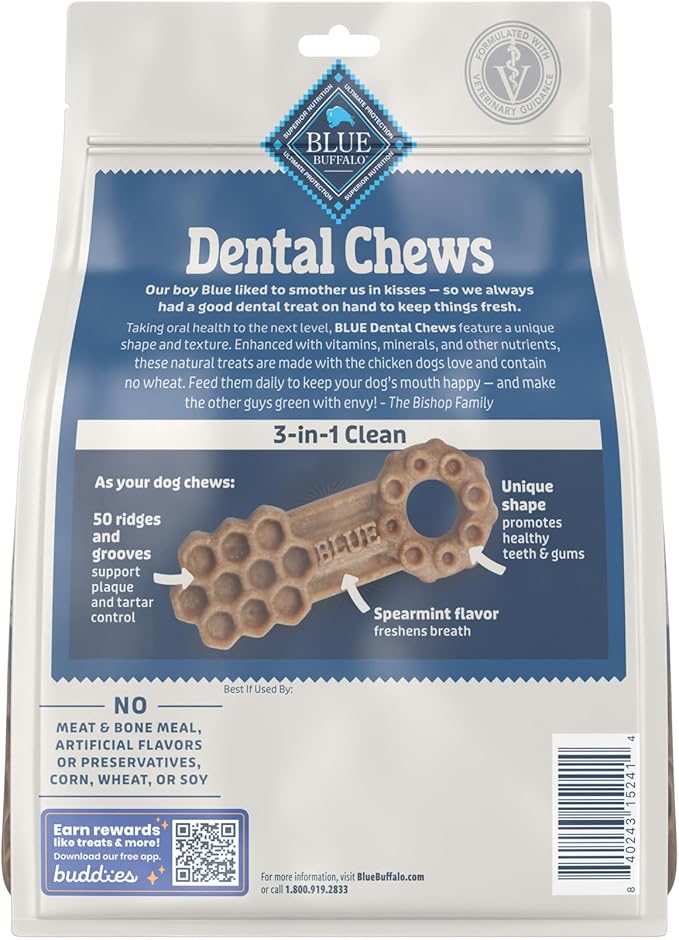 Blue Buffalo Dental Chews Large Natural Dog Treats, Chicken & Spearmint 11-oz Bag (7 Count)