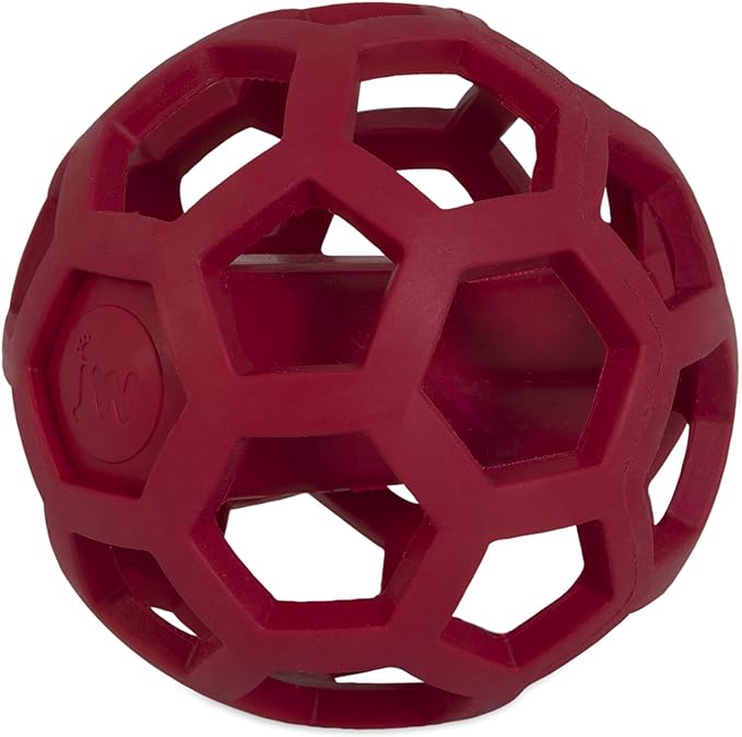 JW Pet Hol-ee Giggler Dog Toy Puzzle Ball, Natural Rubber, Medium (4.5 Inch Diameter), Red