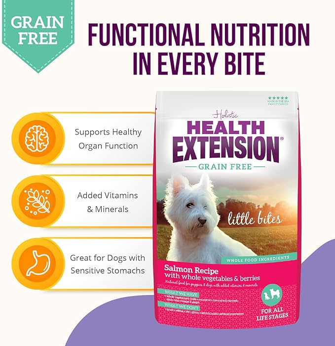 Health Extension Grain Free Little Bites for Dogs, Natural Food with Added Vitamins & Minerals, Perfect for Teacup, Toy & Small Dogs, Salmon Recipe with Whole Vegetables & Berries(12lb Bag)