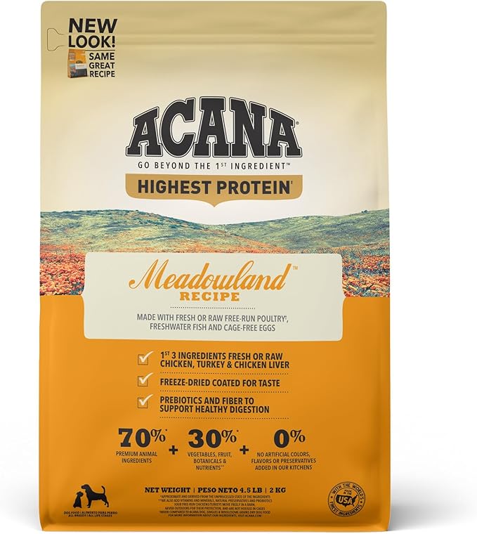ACANA Highest Protein Dry Dog Food, Meadowland, Chicken and Turkey Recipe, 4.5lb