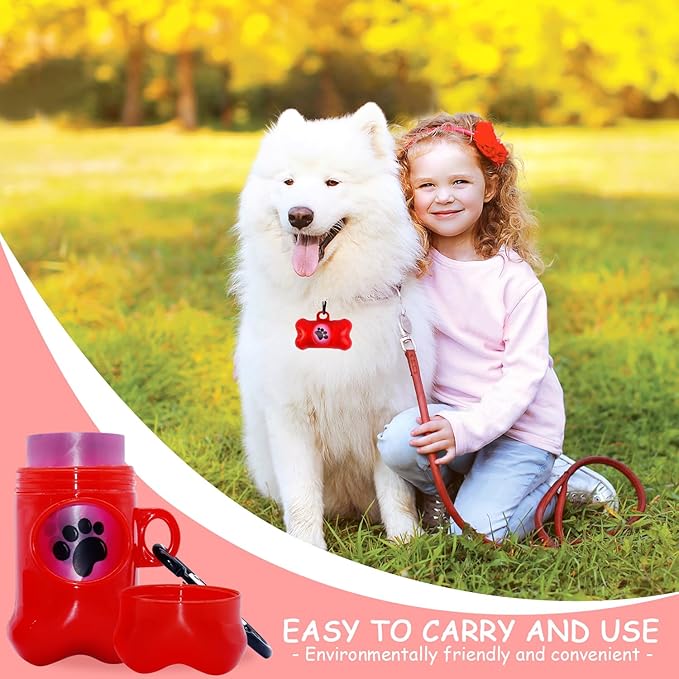 Dog Poop Bags Dispenser with Carabiner Clip, Doggy Poop Bag Holders for Leashes Include 1 Roll (15 Bags) Leak-Proof Large Lavender Scented Doggie Pet Waste Bags, Eco-Friendly Dog Accessories, Red