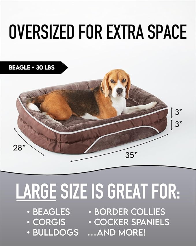 Orthopedic Dog Bed for Large Dogs, Dog Couch Design with Egg Foam Support, Removable, Machine Washable Plush Cover and Non-Slip Bottom with Four Sided Bolster Cushion (Brown)