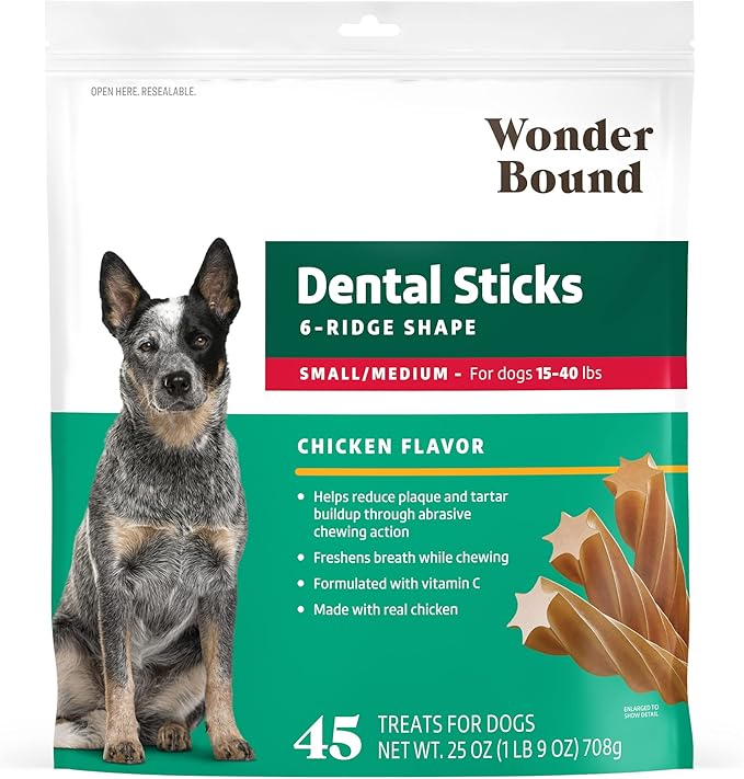 Amazon Brand - Wonder Bound Chicken Flavor Dental Sticks for Small/Medium Dogs (15-40 lbs), 6-Ridge Shape for Plaque & Tartar Control, Freshens Breath, Made With Real Chicken, 45 Count (Pack of 1)