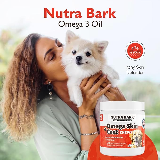 Omega Skin + Coat Chews for Dogs | with Wild Alaskan Salmon Oil | Flaxseed Oil | Coconut Oil | for Healthy Skin and Coat | Itch Relief for Dogs with Allergies | 90 Soft Chews