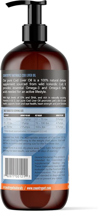 Pure Wild Caught Icelandic Cod Liver Oil 16oz Highest Purity, Highest Omega 3 1150mg/tsp, High EPA/DHA, Vitamin A & D - Reduces Itching, Healthy Skin & Coat, Mobility, BPA-free, Pump incl.