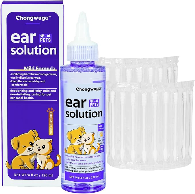 Pets Ear Cleaner for Dogs & Cats, Alleviate Infections, Deodorizing and Itchy, Clean Wax, Mild and Non-irritating, Care for Pet, with 20 Cotton Swabs, 4 fl oz