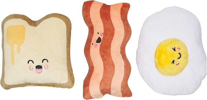 Pearhead Barkfast Dog Toys, Set of 3, Plush Pet Squeaker Toys, Breakfast Dog Toy Set, Toast Bacon & Egg Toy Set, Must Have Pet Accessories for Pet Owners