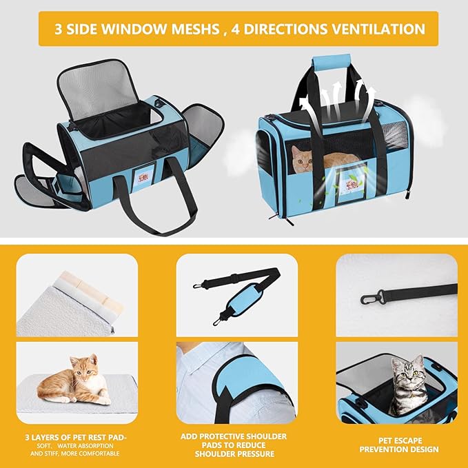 Cat Carrier, Dog Carrier, Pet Carrier Airline Approved for Cat, Small Dogs, Kitten, Cat Carriers for Small Medium Cats Under 15lb, Collapsible Soft Sided TSA Approved Cat Travel Carrier-Blue
