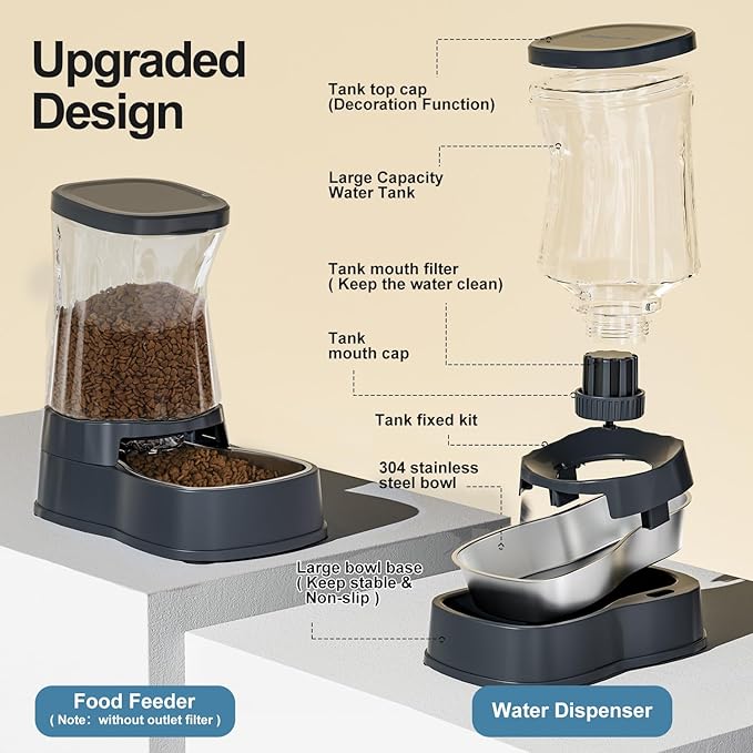 Automatic Dog Water Dispenser Gravity Stainless Steel Water Waterer & Food Feeder Set, Large Capacity Feeding Bowls for Medium & Large-Sized Dogs Cats Other Pets -(1 Gallon x2)