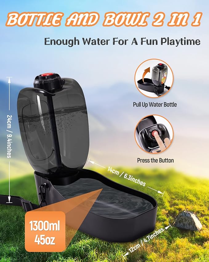 Travel Dog Water Bottle, 45oz Portable Dog Water Dispenser for Walking, Foldable Pet Water Bottle for Puppy, Small, Medium & Large Dogs, Leak Proof, Food Grade Plastic, Easy to Clean, Black