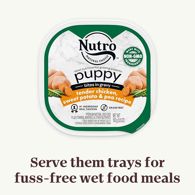 NUTRO PUPPY Grain Free Natural Wet Dog Food Bites in Gravy, Tender Chicken, Sweet Potato & Pea Recipe, 3.5 oz. Trays (Pack of 24)