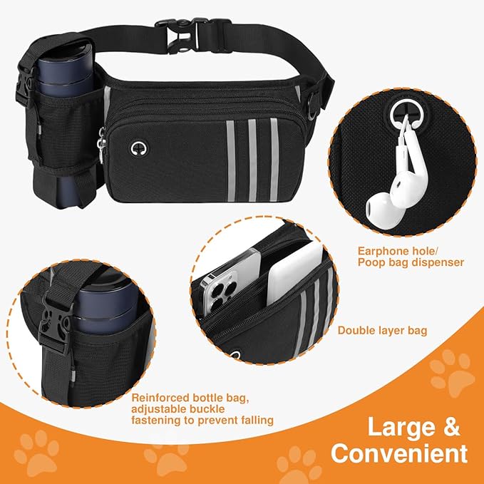 Pawaboo Hands Free Dog Leash with Waist Bag, Dog Leash with Zipper Pouch, Retractable Dog Running Belt Bag, Dog Walking Leash Shock Absorption, Padded Handle Lead for Jogging Hiking (25-120 lbs)