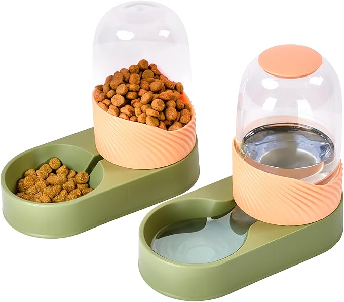 Noa Store Cat Water and Food Dispenser Set, 6.2" Wx12.9 Lx8.6 H each - Automatic Dog Feeder and Waterer - Self-Feeding Gravity Bowls for Indoor Pets - Convenient Hydration Solution - 2 Pack, Green