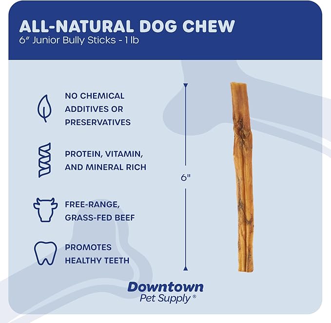 Downtown Pet Supply Thin Junior Bully Sticks (6" - 1 LB) - Bully Sticks for Small Dogs and Puppies- Single Ingredient Long Lasting Dog Dental Treats - Alternative to Chew Bones