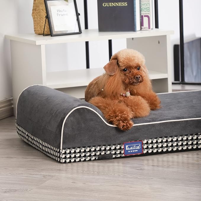 Laifug Orthopedic Memory Foam Extra Large Dog Bed with Pillow and Durable Water Proof Liner & Removable Washable Cover & Smart Design (Medium (34"x22"x7"), Black and White Plaid)