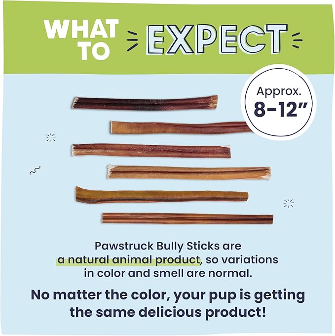 Pawstruck Natural 8-12" Bully Sticks for Dogs - Best Long Lasting, Rawhide Free, Low Odor & Grain Free Dental Chew Treat - Healthy Single Ingredient 100% Real Beef - 1 lb Bag - Packaging May Vary