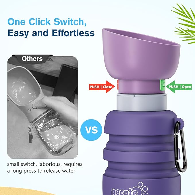 Pecute Dog Water Bottle Portable, 29oz Dog Foldable Water Bottle with Folding Bowl, Carabiner Clip, 5 Levels Capacity, 100% Food Grade Silicone, Dog Water Bottle for Outdoor Walking, Hiking, Travel