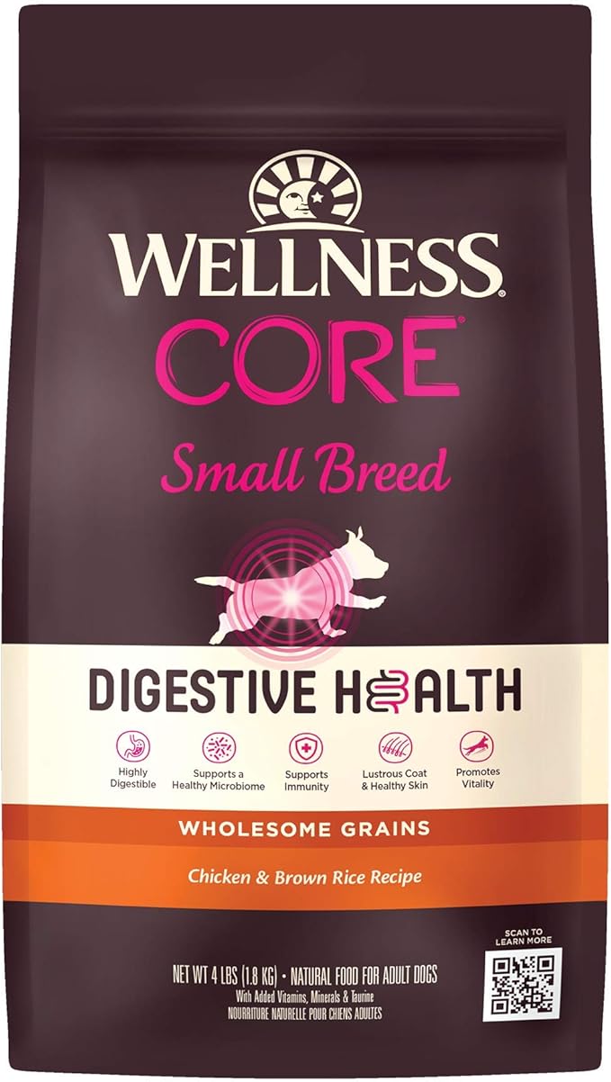 Wellness CORE Digestive Health Dry Dog Food with Wholesome Grains, Highly Digestible, for Dogs with Sensitive Stomachs, Made in USA with Real Protein (Small Breed, Chicken & Brown Rice, 4-Pound Bag)